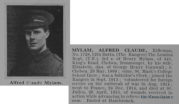 Mylam A C Rfn 1728 12th London Regiment Obit
