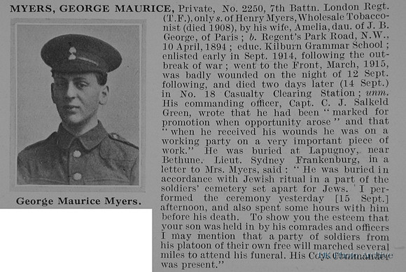 Myers G M Pte 2250 7th London Regiment Obit