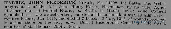 Harris J F Pte 14902 1st Welsh Regiment Obit