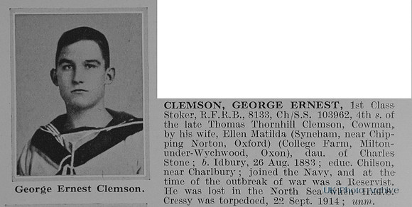 Clemson G E Stoker 1st Class HMS Cressy Royal Navy Obit