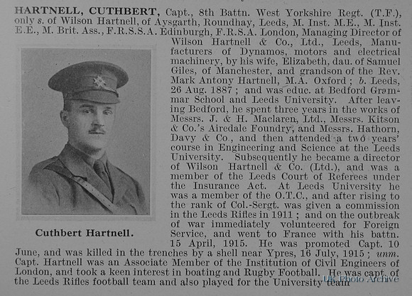 Hartnell C Captain 8th West Yorkshire Regiment Obit