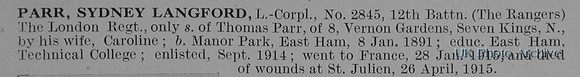 Parr S L L/Cpl 2845 12th London Regiment