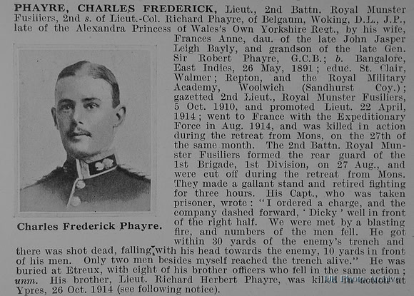 Phayre C F Lt 2nd Royal Munster Fusiliers Obit