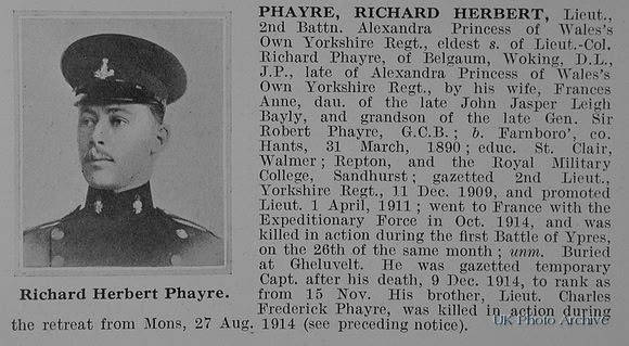 Phayre R H Lt 2nd Yorkshire Regiment Obit
