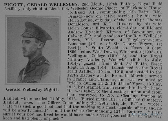 Pigott G W 2n Lt Royal Field Artillery Obit