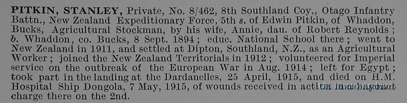 Pitkin S Pte 8/463 Otago Infantry NZEF Obit