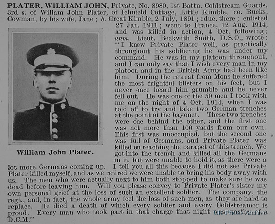 Plater W J Pte 8980 1st Coldstream Guards Obit