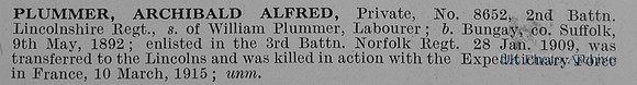 Plummer A A Pte 8652 2nd Lincolnshire Regiment