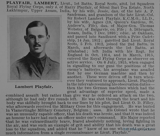 Playfair L Lt 1st Royal Scots Attd Royal Flying Corps Obit
