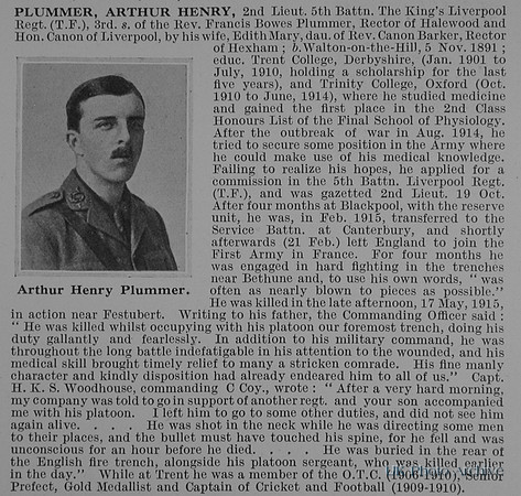 Plummer A H 2nd Lt 5th Kings Liverpool Regiment Obit