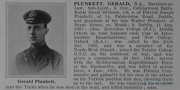 Plunkett G Sub Lt Collingwood Btn Royal Naval Division Obit
