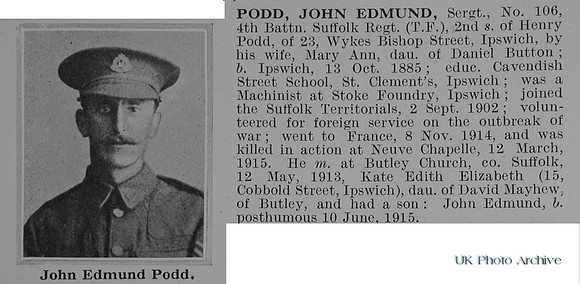 Podd J E Sergt 106 4th Suffolk Regiment Obit