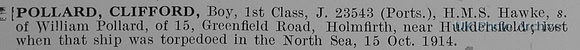 Pollard C Boy 1st Class J/23543 HMS Hawke Royal Navy