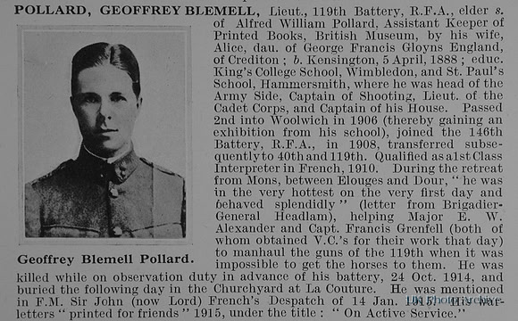 Pollard G B Lt Royal Field Artillery Obit