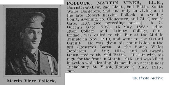 Pollock M V 2nd Lt 2nd South Wales Borderers Obit