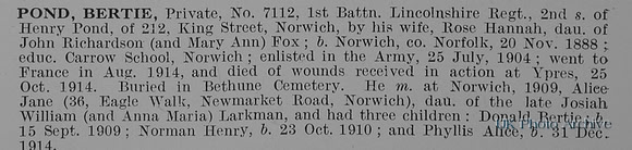 Pond B Pte 7112 1st Lincolnshire Regiment Obit