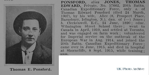Ponsford (Alias Jones) T E Pte 57662 20th Canadian Expeditionary Force Obit