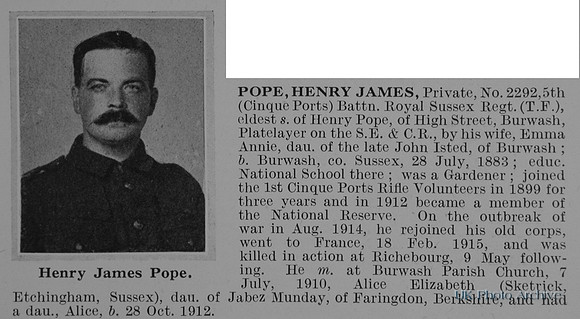 Pope H J Pte 2292 5th Royal Sussex Regiment Obit