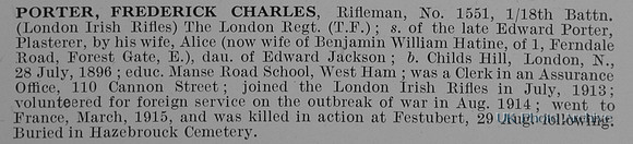 Porter F C Rfn 1551 18th London Regiment