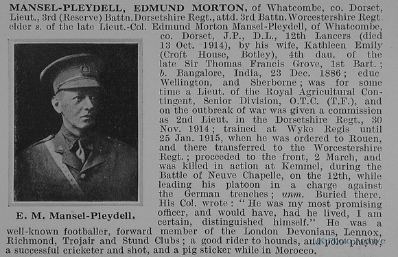 Mansel-Pleydell E M Lt 3rd Dorset Regiment Attd 3rd Worcestershire Regiment Obit