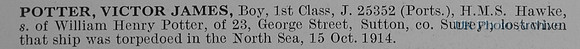 Potter V J Boy 1st Class J/25352 HMS Hawke Royal Navy