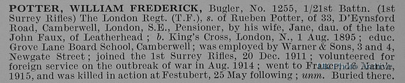 Potter W F Bugler 1255 21st London Regiment
