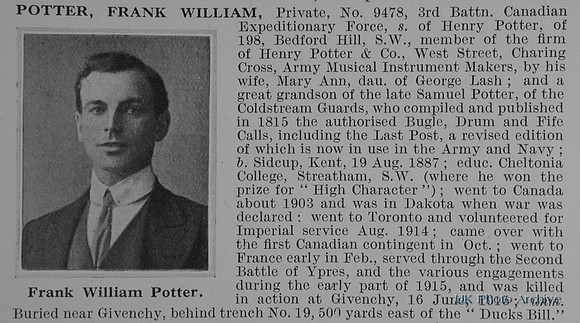 Potter F W Pte 9478 3rd Canadian Expeditionary Force Obit