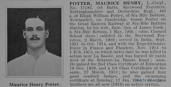 Potter M H LCpl 11182 1st Notts And Derby Regiment Obit
