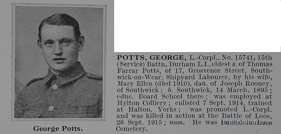 Potts G L/Cpl 15741 15th Durham Light Infantry Obit