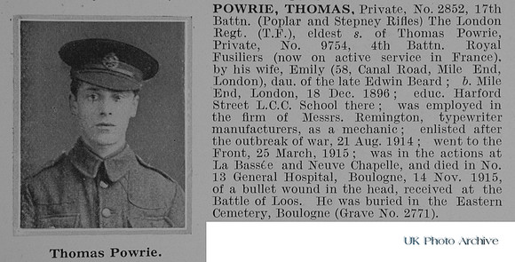 Powrie T Pte 2852 17th London Regiment Obit