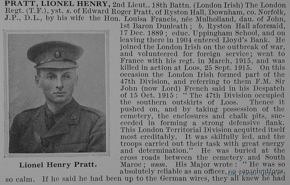 Pratt L H 2nd Lt 18th London Regiment Obit Part 1