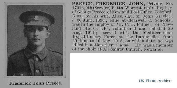 Preece F J Pte 17016 9th Worcestershire Regiment Obit