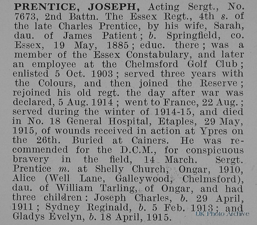 Prentice J Sergt 7673 2nd Essex Regiment Obit