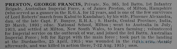 Preston G F Pte 365 3rd Australian Imperial Force
