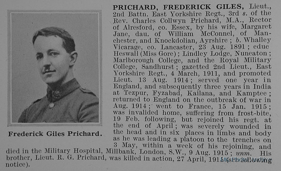 Prichard F G Lt 2nd East Yorkshire Regiment Obit