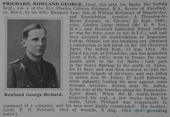 Prichard R G Lt 1st Suffolk Regiment Obit
