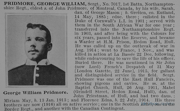 Pridmore G W Sergt 7017 1st Northamptonshire Regiment Obit