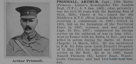 Prismall A Captain 13th London Regiment Obit
