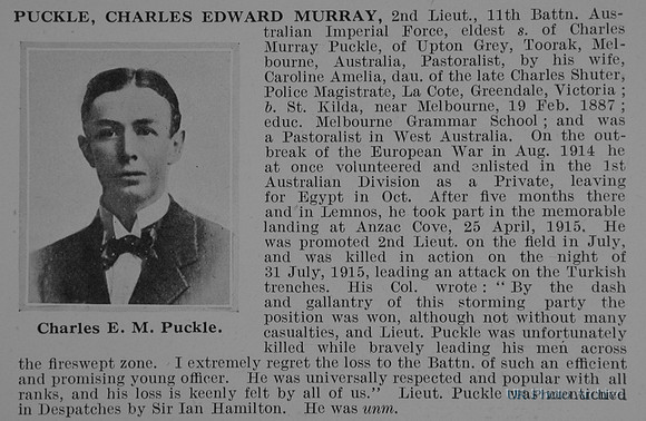 Puckle C E M 2nd Lt 11th Australian Imperial Force Obit