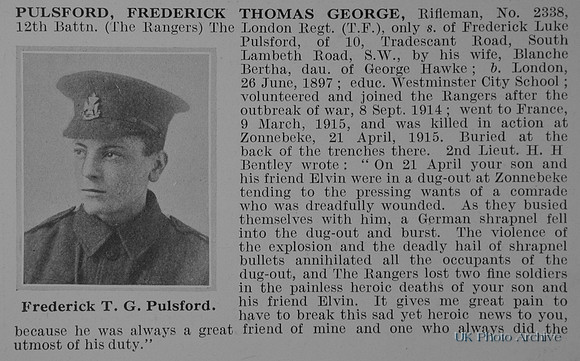 Pulsford F T G Rfn 2338 12th London Regiment Obit