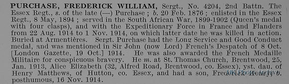 Purchase F W Sergt 4204 2nd Essex Regiment