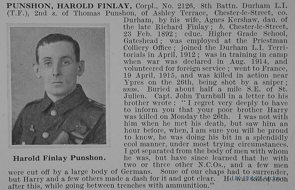 Punshon H F Cpl 2126 8th Durham Light Infantry Obit