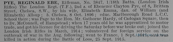 Pye R E Rfn 3847 18th London Regiment