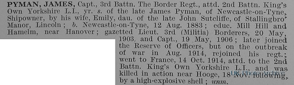 Pyman J Captain 3rd Border Regiment Attd 2nd Kings Own Yorkshire Light Infantry