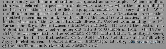 Dunn S R Lt Col 1st Royal Scots Obit Part 2 De Ruvigny's Roll Of Honour Vol 1