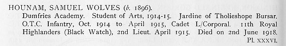 Hounan S W 2nd Lt 11th Black Watch Obit