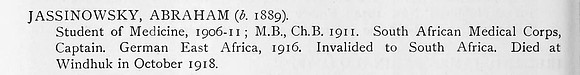 Jassinowsky A Captain South African Medical Corps Obit