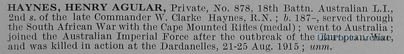 Haynes H A Pte 878 18th Australain Imperial Force Obit