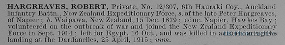 Hargreaves R Pte 12/307 Auckland Infantry Btn NZEF Obit