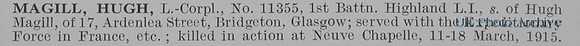 Magill H LCpl 11355 1st Highland Light Infantry Obit